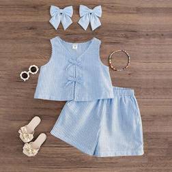 Shein Young Girl Woven Striped Round Neck Top And Woven Shorts - Young Girl