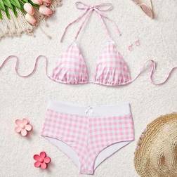Shein Sommer Strand Karierter V-Ausschnitt Neckholder Bikini Set