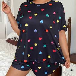 Shein Colorful Heart Print Crew Neck Short Sleeve Pajamas Set