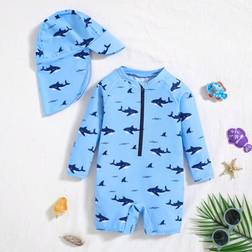 Shein Baby Boy Summer Casual Holiday Cute Knit Cartoon Shark Print Rash Guard Swimsuit And Sun Hat Set - Suitable For Beach
