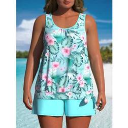Shein Plus Size Women's Tankini Set Tank Top Shorts - Sky Blue Floral Print