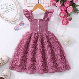 Shein Young Girl's Solid Color Ruffled Floral Splice Elegant Sleeveless Dress - Summer