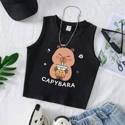 Shein Tween Girls Cute Capybara Drinking Bubble Tea Print Round Neck - Black