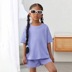 Shein Young Girl Plain Round Neck Loose Casual T-Shirt And Shorts