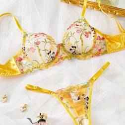Shein Women Floral Embroidered Sheer Lingerie Set - Honeymoon