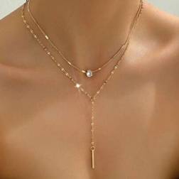 Shein Gold Y-Shaped Design Layered Necklace - Rhinestones/Faux Pearl