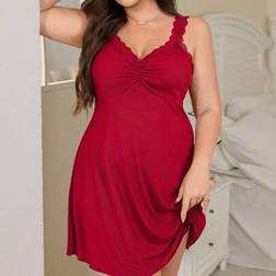 Shein Große Damen Spitzenbesatz Gerafftes Strick-Camisole-Nachthemd - Weinrot