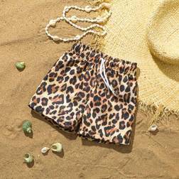Shein Cute Leopard Print Swimming Trunks - Woven Fabric Beach Shorts