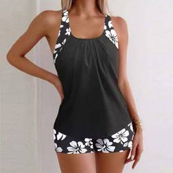 Shein Floral Printed Cami Tankini Top And Boyshorts Swimwear Set - Summer
