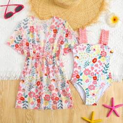 Shein Young Girls Tropical Palm Tree Print 1-Piece Swimsuit With Cover Up