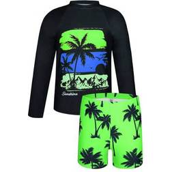 Shein Tween Boy Palm Tree Print Raglan Long Sleeve Rashguard And Swim Trunk Swimsuit Set - Beach