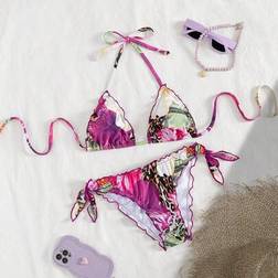 Shein Cute Floral Lace Pleated Bikini Two Pieces Set - Summer Island Vacation