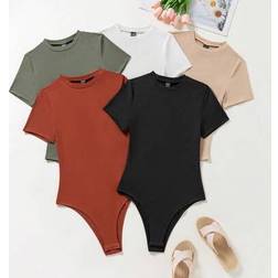 INAWLY Plus Size Casual Solid Color Short Sleeve Bodysuit