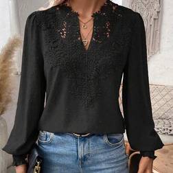 Shein Damen Spitze Splice Laternenschnitt Ärmel Bluse - Langarm Oberteil