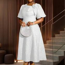 Shein Women's Rose Jacquard Commuting Embossed Short Sleeve A-Line Puff Sleeve - White