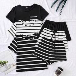 Shein 3-Piece Stripe Casual Short Sleeve Top And Shorts Women Pajama Set