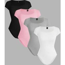 Shein 4pcs Women's Solid Color Crew Neck Short Sleeve Skinny Bodysuit - Summer
