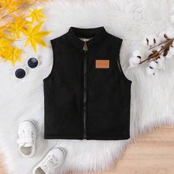 Shein Young Boy Winter Fashionable Casual Plush-Lined Zip-Up Vest - Leather Patch