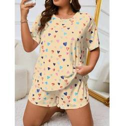 Shein Plus Size Heart Print Short Sleeve Sleepwear Top And Shorts Set - Summer