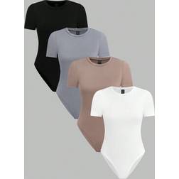 Shein Chiquease Women's Solid Color Crew Neck Short Sleeve Casual Bodysuit