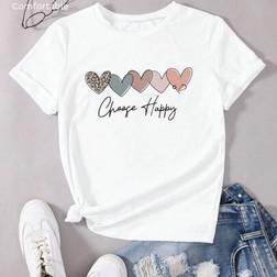 Shein Damen Baumwolle Lässig Einfarbiges Minimalistisches Herz Englisch Muster Rundhals Kurzarm T-Shirt