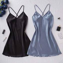 Shein 2-Tone Solid Color Cross-Strap Satin Women's - Nightgown