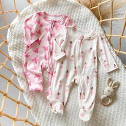 Shein Dozemod Newborn Baby Girl Floral Pattern Round Neck Long Sleeve Zipper Front One-Piece Soft Pajamas
