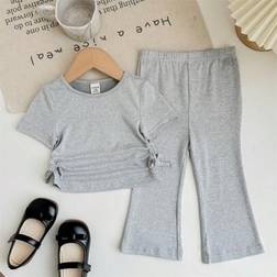 Shein Baby Girls Casual Knit Short Sleeve Top And Flared Pants Set - Gray