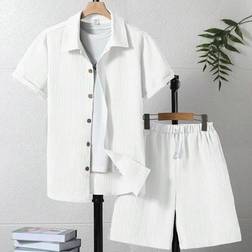 Shein Teen Boy 2pcs Set Casual Solid Color Short Sleeve Shirt & Shorts - Summer/Holiday