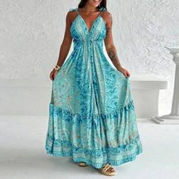 Shein Boho Stil Maxikleid Träger-Kleid mit Gestrickter Taille - Blumigem Taillendruck