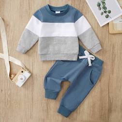 Shein Baby Boys Casual Color Block Long Sleeve Round Neck Sweatshirt And Pants Set - Autumn/Winter