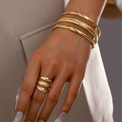 Shein Golden Color Iron Metal Cuff Bangle Chunky Ring Jewelry Set - Golden Color