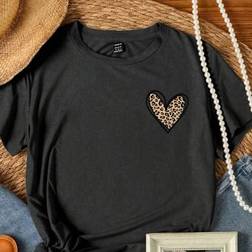 Shein Einfarbiges Minimalistisches Herz Bedrucktes Damen T-Shirt - Gepard Muster