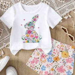 Shein Baby Girls Cartoon Floral Rabbit Print Top & Floral Pants Set - Summer Easter Theme