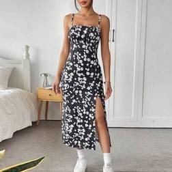 Shein Damen Schwarzes Kleid Slip-Stil mit Schlitz mit Gänseblümchen - Muster