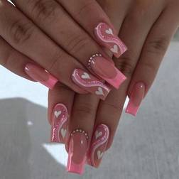 Shein Square Pink French Tip Press On Nails - Medium Heart Pattern