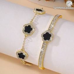 Shein Fashionable Unique Five-Petal Flower Zirconia Bracelet Bangle Combo - Fashionable
