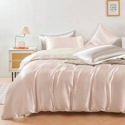 Shein 3 Pcs Premium White Two Tone Reversible Color Silky Satin Bedding Set Duvet Cover Pink