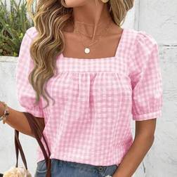 Shein Luneh Women's Casual Square Collar Plaid Short Sleeve Blouse - Spring/Summer