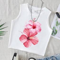 Shein Girls Casual 3D Hibiscus Flower Print Round Neck - White