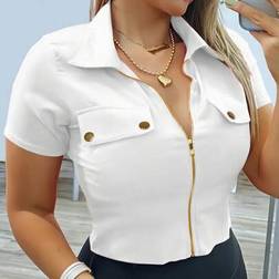 INAWLY Slim Fit Casual Turn-Down Collar Zipper Metal Decor Women Shirt