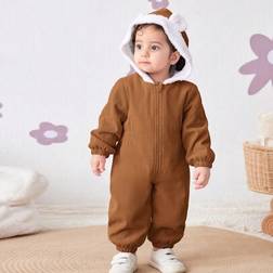 Shein Newborn Baby Girls Adorable Corduroy Hooded Thickened Jumpsuit - Warm