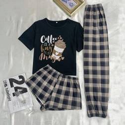 Shein Plus Size Women's Coffee Print Shirt & Plaid Shorts Pants Pajama Set