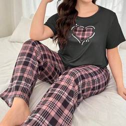 Shein Plus Size Plaid Heart Print Round Neck Long Sleeve Loungewear Set