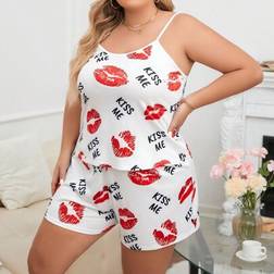 Shein Plus Size Women's Pajama Sleepwear Set With Lip Pattern Printed Cami & Shorts - White
