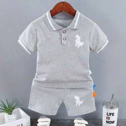 Shein Infant Baby Boy Set Summer Clothing Casual Sport Suit Short-Sleeved POLO Shirt - Grey Dinosaur Print
