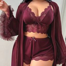 Shein Lace Patchwork Sexy Camisole Shorts 3D Floral Trim Loose Sleeve - Plus Size