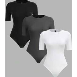 Shein Casual Solid Color Knitted Round Neck Short Sleeve Fitted Bodysuit - Women