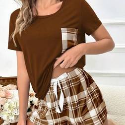 Shein Plaid Pocket Short Sleeve T-Shirt And Shorts Loungewear Set