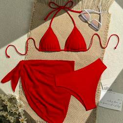 Shein 3pcs Women Holiday Solid Color Sexy Halter Bikini Swimwear Set - Summer Beach Vacation